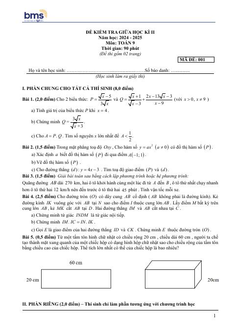 Đề thi Giữa kì 2 Toán 9 năm 2024–2025 trường THCS Ban Mai School (Hà Nội)